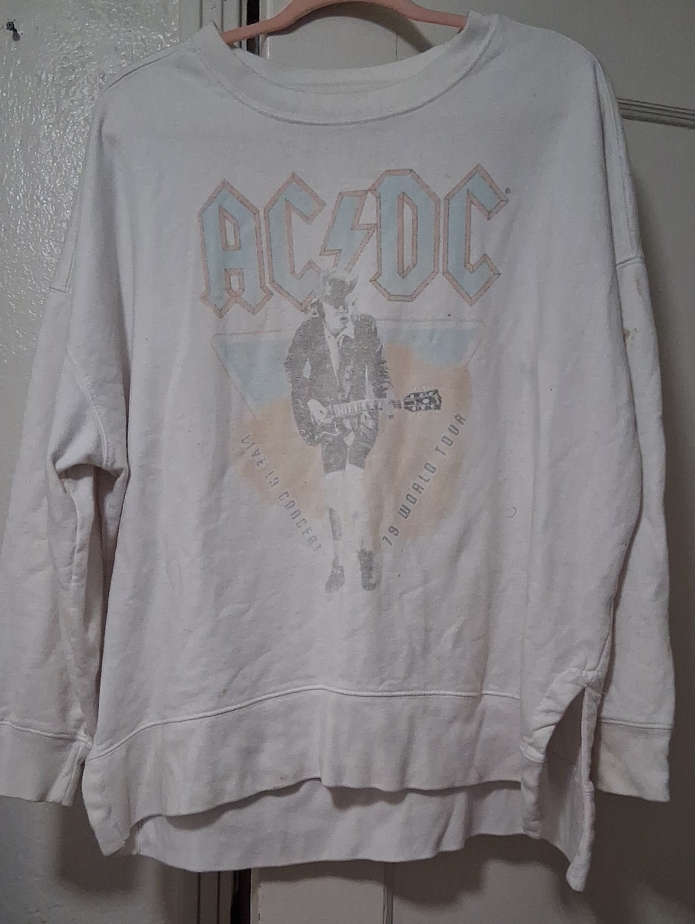 AC/DC Off-White Crewneck Sweatshirt with Faded Pastel Graphic - Men